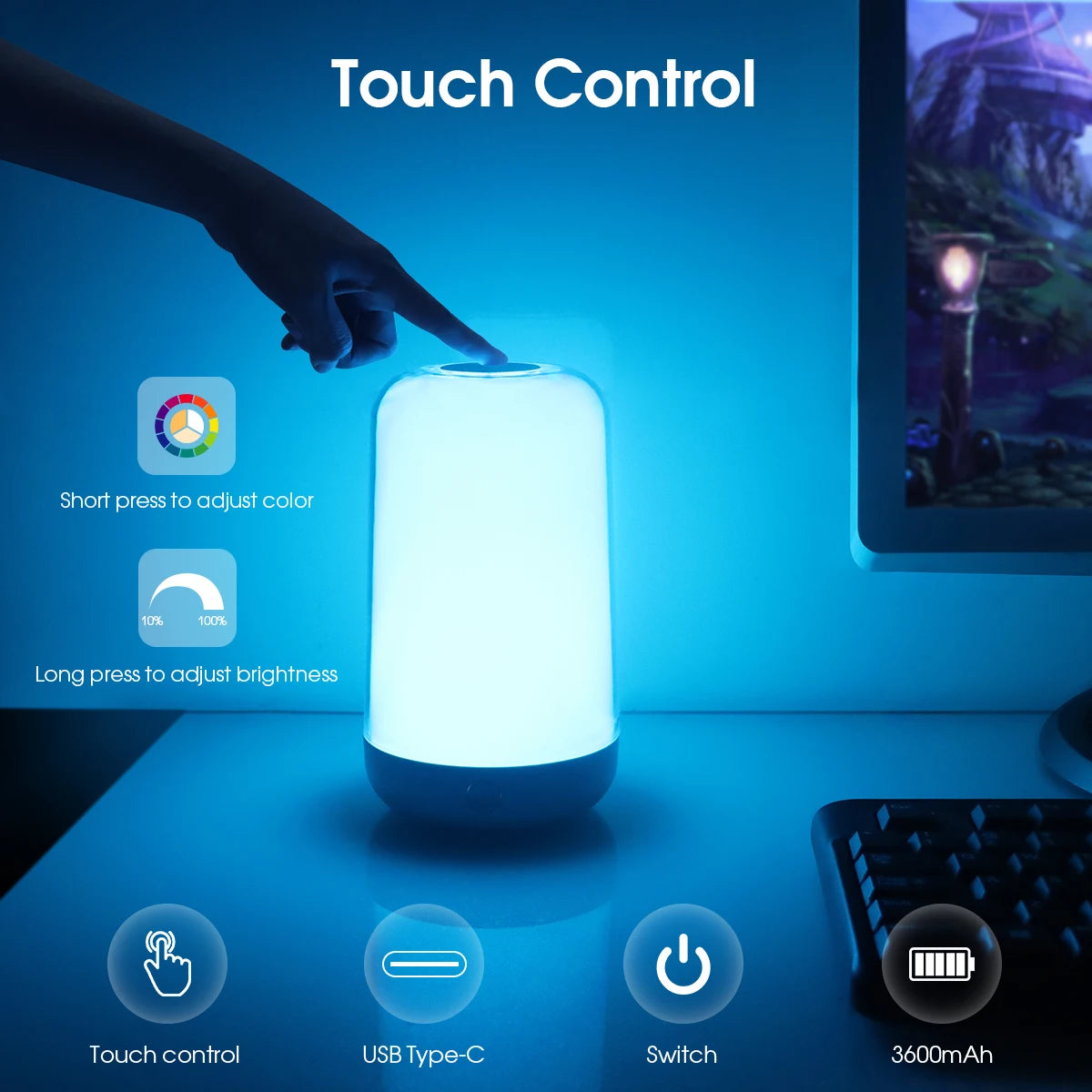 Bluetooth Smart Touch Bedside Table Lamp Dimmable RGB LED Night Light Rechargeable kids Desk Lamp Camping Room Atmosphere Decor